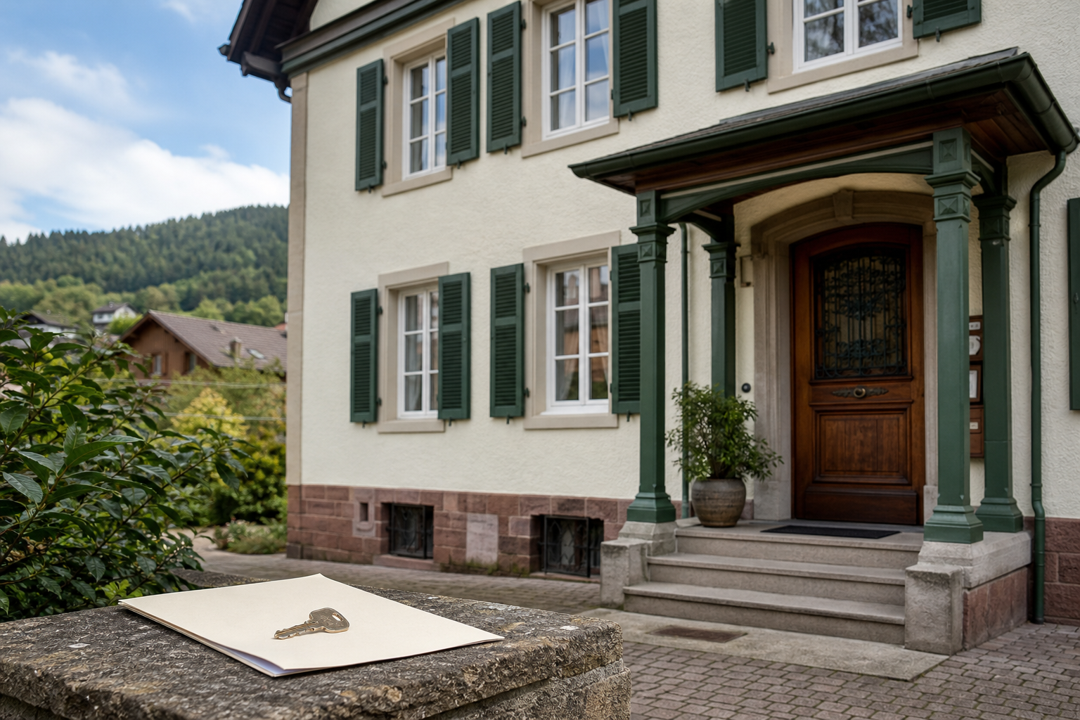 Mehrfamilienhaus mit Schlüssel als Symbol für den direkten Immobilienverkauf