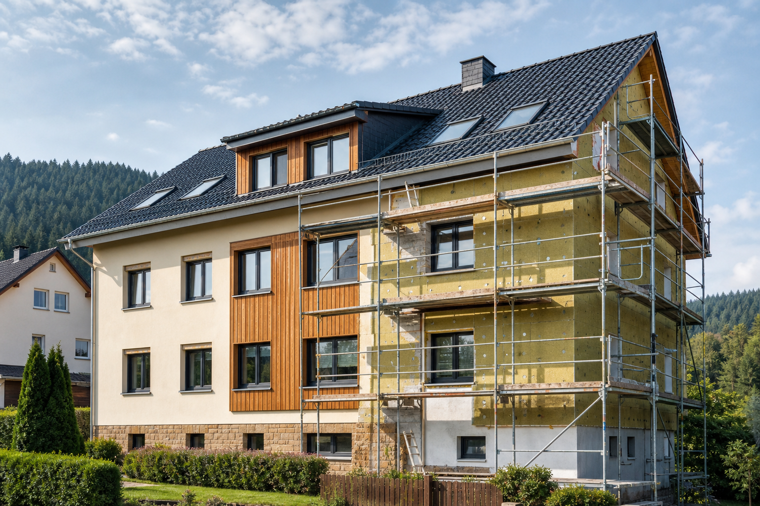 Wohnhaus während einer professionellen energetischen Fassadensanierung