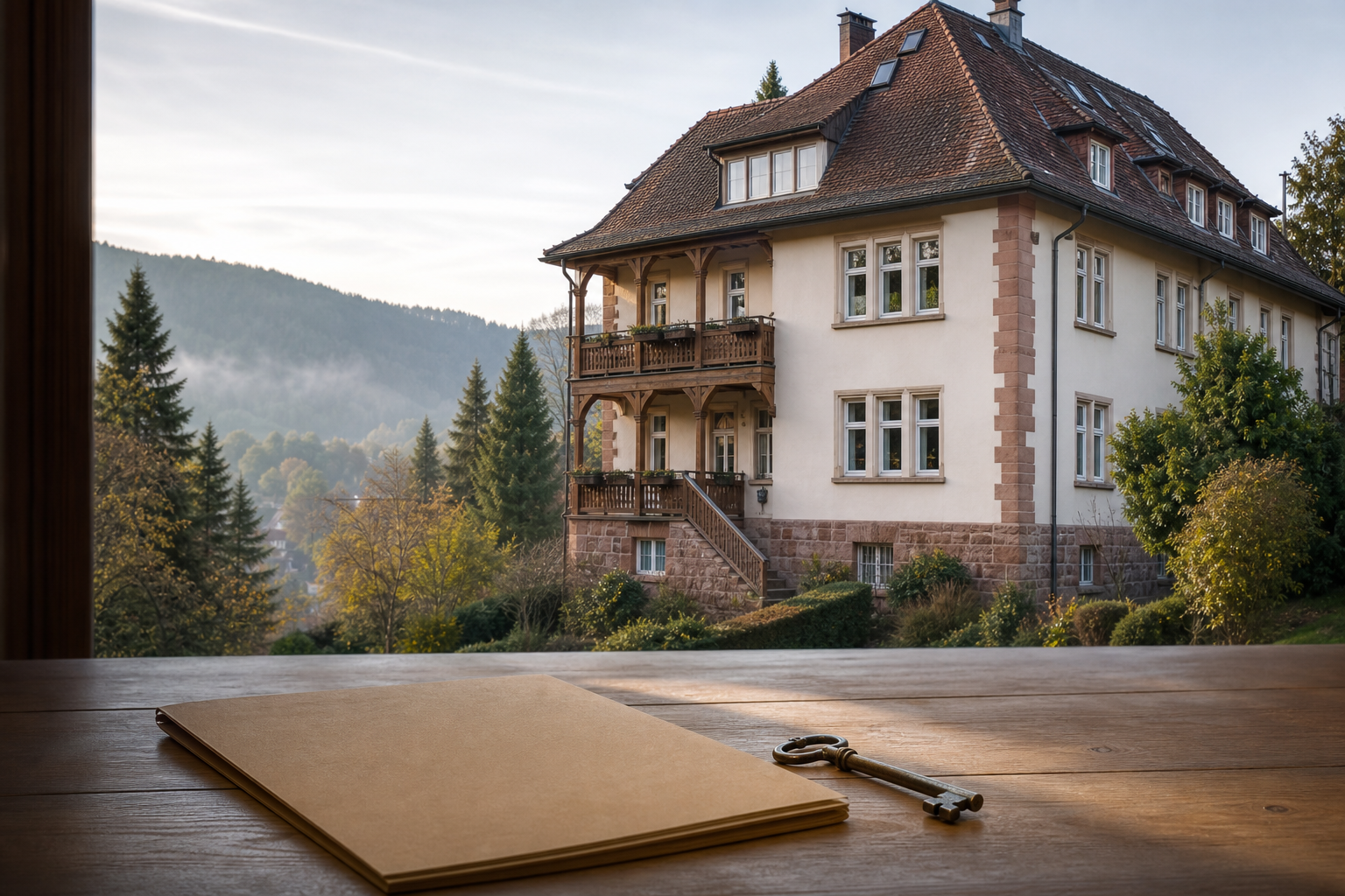 Geerbtes Wohnhaus in der Schwarzwaldregion mit Schlüssel und Unterlagen