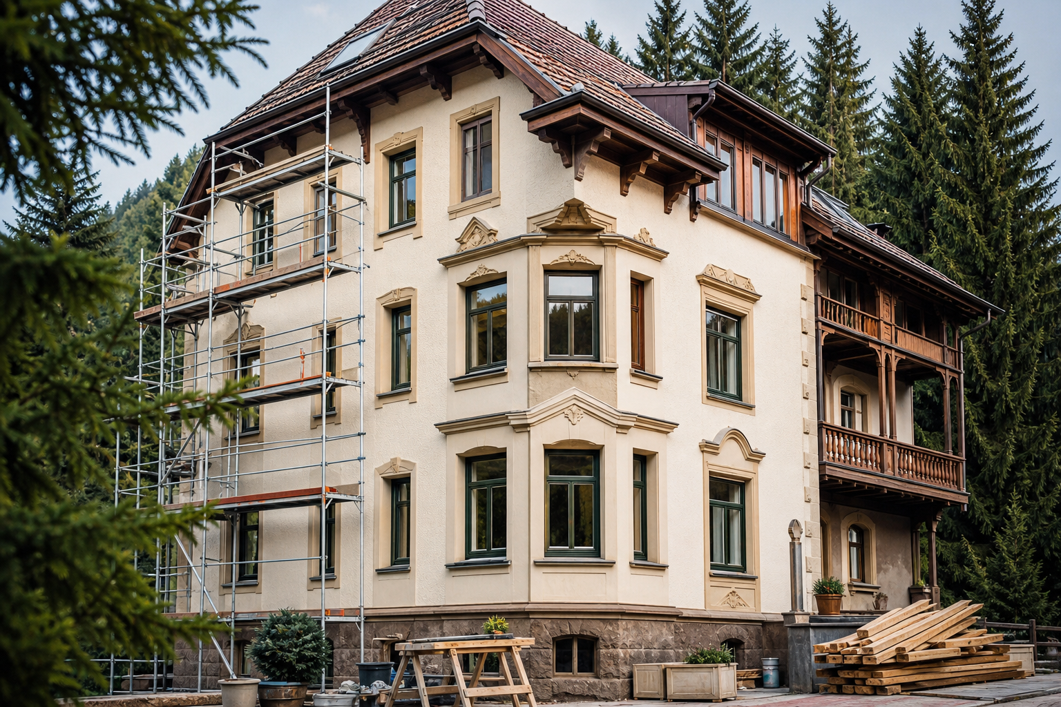 Sanierungsbedürftiges Mehrfamilienhaus während einer behutsamen Modernisierung