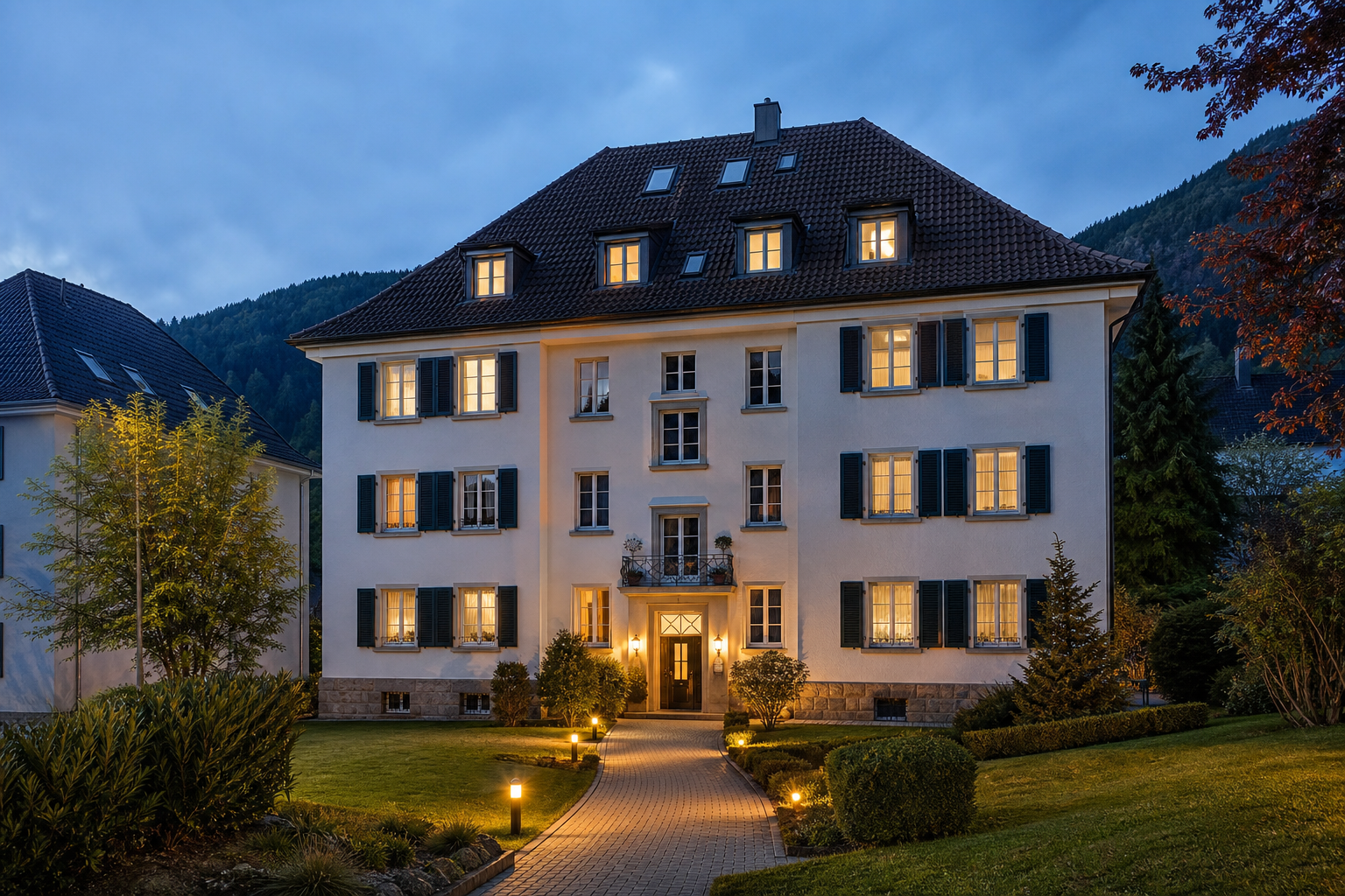 Bewohntes Mehrparteienhaus am Abend in der Schwarzwaldregion